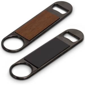 A drink bottle opener featuring a metallic finish with a wooden or black accent. Includes a logo.