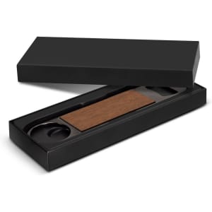 A drink bottle opener with a wooden handle, presented in a sleek black box. The box is partially open.