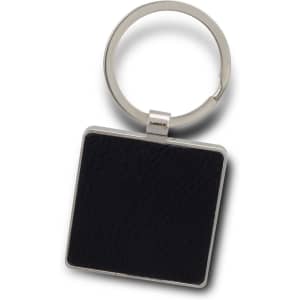 A square black key ring with a silver metal attachment. The key ring features a smooth, textured surface.