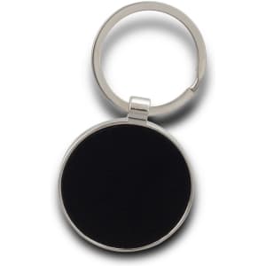 A round key ring in silver with a black centre, featuring a metallic finish.
