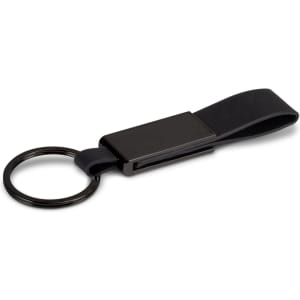 A black key ring featuring a sleek metal attachment and a leather strap. It includes a branding logo.