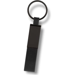 A black key ring with a sleek, rectangular design and a circular attachment loop.