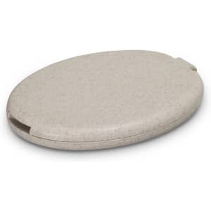 A compact sewing kit in a light beige case with a smooth finish and a subtle speckled design.
