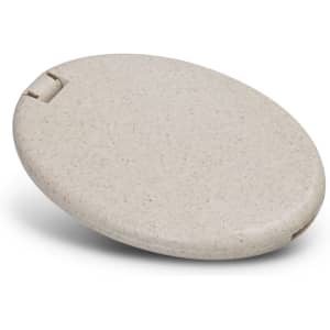 A compact sewing kit in a light beige case, oval-shaped with a smooth finish and a small clasp.
