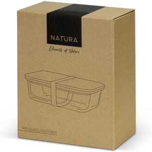 A kraft cardboard box containing a glass lunch box. The lunch box features a clear design and comes with a strap.