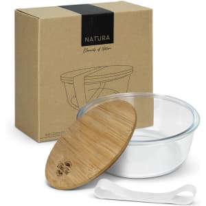 A glass food container with a bamboo lid, accompanied by a white silicone band and packaged in a cardboard box.