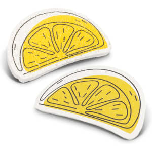 A pair of expandable sponges shaped like lemon slices, featuring yellow and white colours with black outlines.
