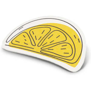 A lemon slice-shaped expandable sponge in yellow and white with outlined details. It features a simple design.