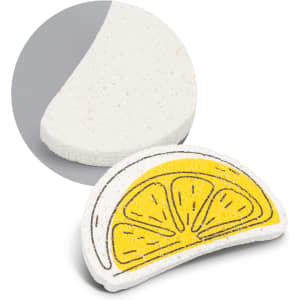 An expandable sponge shaped like a lemon slice, featuring yellow detailing and a textured white surface.