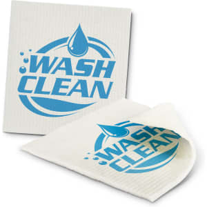 A dish cloth in white with a blue logo featuring the text "WASH CLEAN." It is slightly folded to show the texture.