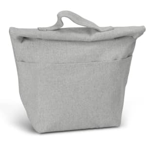 A grey cooler bag with a foldover top and a single exterior pocket, featuring a sturdy handle.