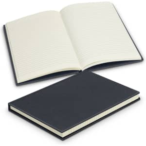 A black hard cover notebook with lined pages, open to show the inside. It features a simple design.