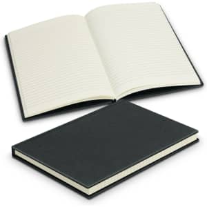 A black recycled cotton hard cover notebook with lined pages, showing both the cover and the open interior.