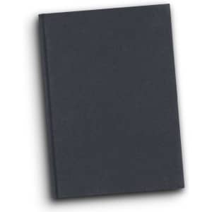 A hard cover notebook in dark grey with a smooth finish and a logo on the front.