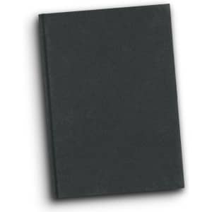 A recycled cotton hard cover notebook in a dark green colour, featuring a smooth, textured surface and a subtle branding logo.