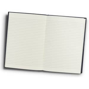 A hard cover notebook with lined pages, featuring a black exterior and a simple design.