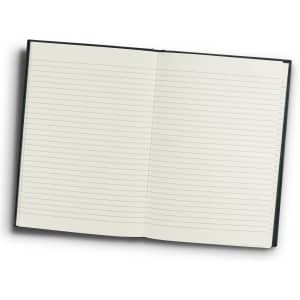 A recycled cotton hard cover notebook in dark green, open to reveal lined pages. It features a branding logo.