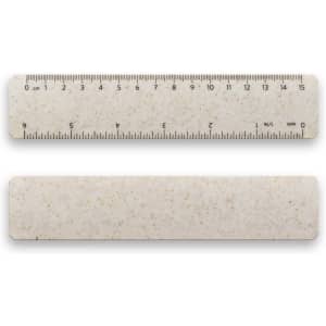 A 15cm ruler in a creamy colour with a speckled design, featuring metric measurements on one side and a logo.