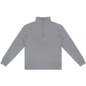 A grey unisex quarter zip jumper with long sleeves and a high collar. It features a central zip and ribbed cuffs.