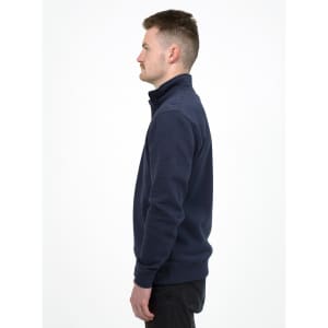 A navy quarter zip jumper in a unisex design, featuring a high collar and ribbed cuffs. It has a branding logo.