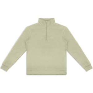 A light green unisex quarter zip jumper with long sleeves and a zip detail at the neck. It features a logo.