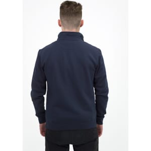 A unisex quarter zip jumper in navy blue, featuring a simple design and a collar, with a logo on the back.