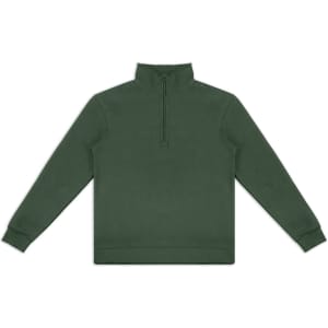 A green unisex quarter zip jumper with a high collar and long sleeves, featuring a logo.
