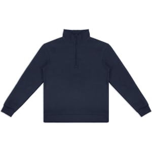 A navy blue unisex quarter zip jumper with long sleeves and a high collar. It features a logo.