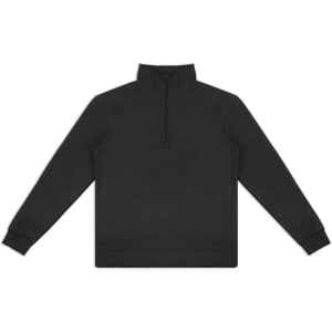 A black unisex jumper featuring a quarter zip and a high collar. The design includes a branding logo.