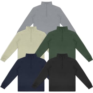 A collection of five unisex quarter zip jumpers in grey, cream, green, navy, and black, featuring a logo.