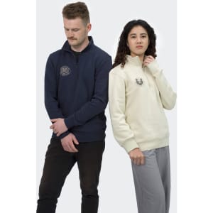 Unisex quarter zip jumpers in navy and cream, featuring a logo on the front, styled on male and female models.