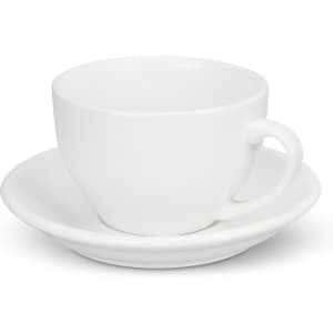A white cup and saucer set with a simple design. The cup has a handle and rests on the matching saucer.