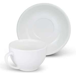 A white chai cup and matching saucer, both featuring a smooth, glossy finish and a simple design.