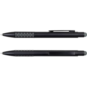 A stylus pen in black with a textured grip and a smooth finish, featuring a logo.