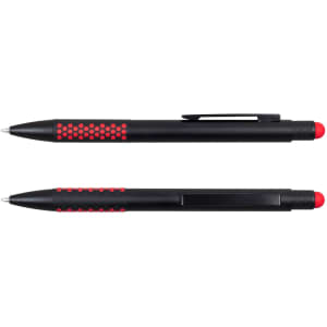 A black stylus pen featuring red accents and a textured grip, with a logo visible on its surface.