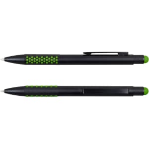 A black stylus pen with green accents and a textured grip, featuring a clip and retractable tip.