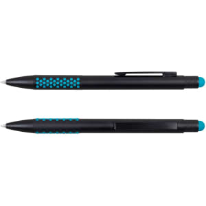 A black stylus pen with turquoise accents and grip, featuring a sleek design and a branding logo.
