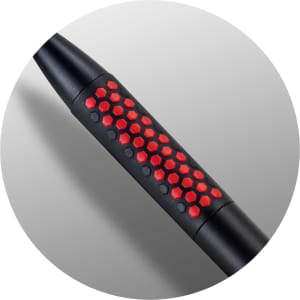 A black stylus pen featuring a textured grip with red honeycomb patterns. It has a logo on the barrel.