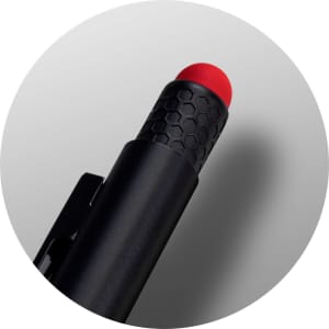 A stylus pen with a black body and a red tip, featuring a textured grip and a logo on the barrel.