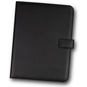A black portfolio featuring a smooth finish and a secure closure, ideal for office and business use.