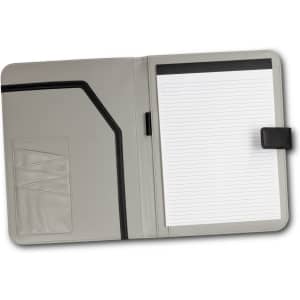 A grey Hartford Portfolio featuring a notepad and a pocket for documents, with a black accent and logo.