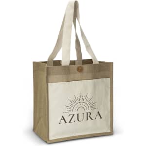 A jute tote bag in natural and cream, featuring a logo on one side and dual handles for carrying.