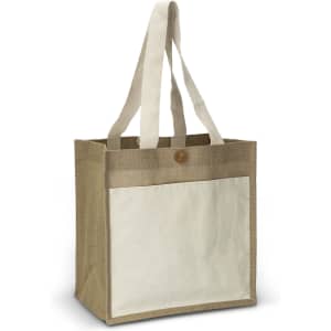 A jute tote bag in natural brown, featuring a plain cream panel and sturdy handles. It has a button closure.