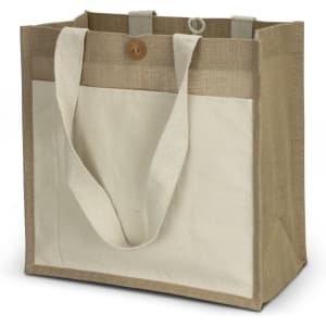 A tote bag in beige and brown, featuring sturdy handles and a button closure, with a logo on the front.