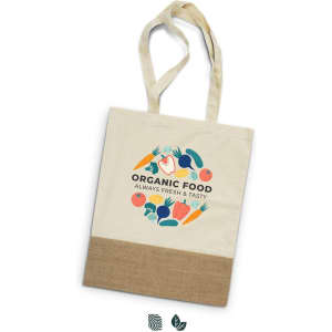 A cream tote bag with a natural hessian base and a colourful organic food design. It has two fabric handles.