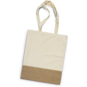 A tote bag featuring a cream upper section and a natural jute bottom, complete with two shoulder straps.