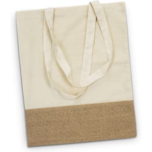 A natural-coloured tote bag with a brown jute bottom and matching fabric straps. It features a logo on one side.