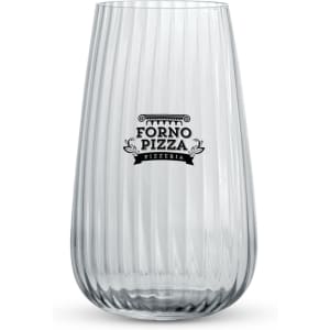 A clear glass tumbler with ribbed texture featuring a logo in black. Suitable for serving various beverages.