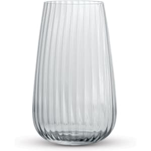 A clear, ribbed glass tumbler with a slightly tapered shape and a smooth base. It features a logo on the side.