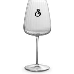 A clear glass wine glass with a ribbed design and a logo on the front, featuring a long stem and wide bowl.